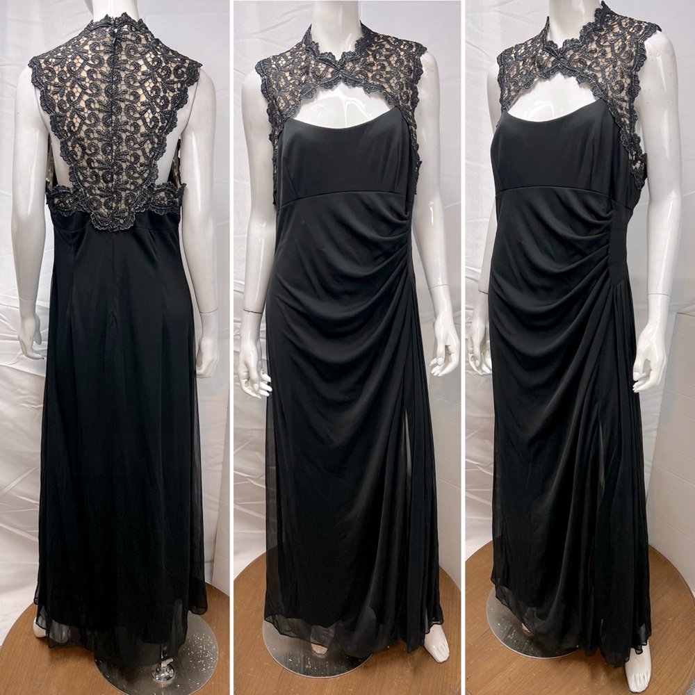 Alex Evenings Women's 16 Black Sleeveless Lace Draped Slit Long Gown Maxi Dress - Picture 1 of 6
